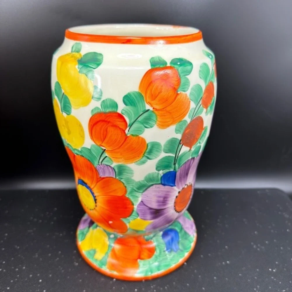 Vintage Czechoslovakia Hand Painted Floral Ceramic Vase Vessel Multi Color 1930s